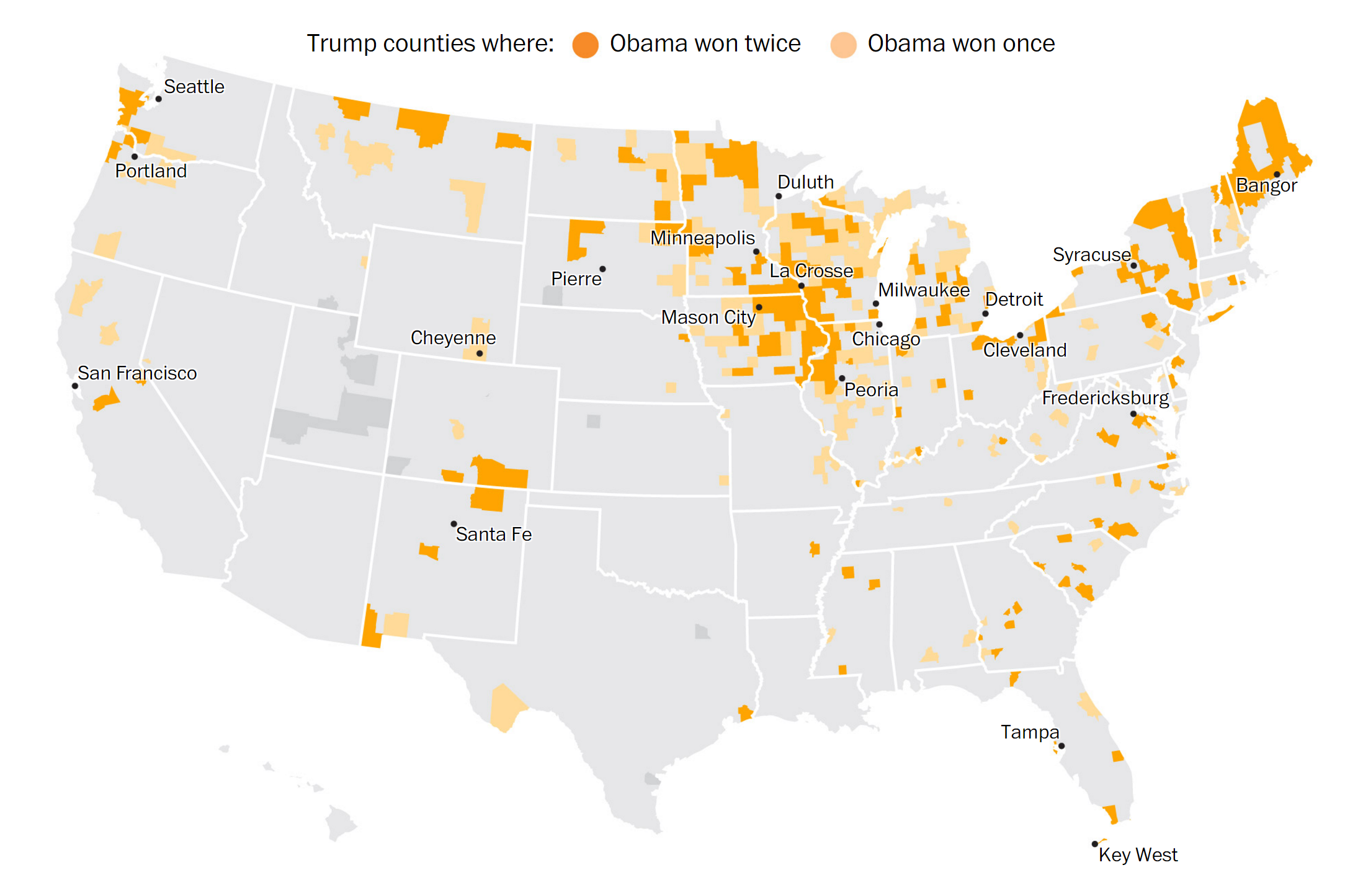 Counties that voted for Obama and Trump